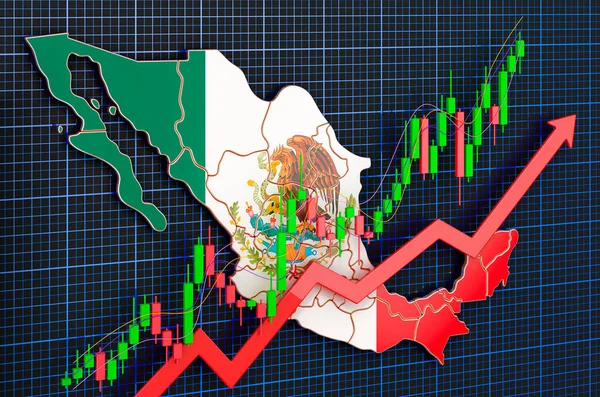 Economic growth in Mexico, uptrend market, concept. 3D rendering on blue dark background
