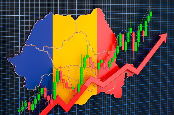 Gazdasági Növekedés Romániában Uptrend Piac Koncepció Renderelés Kék Sötét Háttér — Stock Fotó