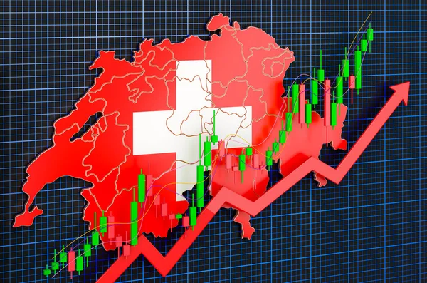 Wzrost Gospodarczy Szwajcarii Rynek Zwyżkowy Koncepcja Rendering Niebieskim Ciemnym Tle — Zdjęcie stockowe