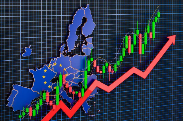 Economic growth in the European Union, uptrend market, concept. 3D rendering on blue dark background