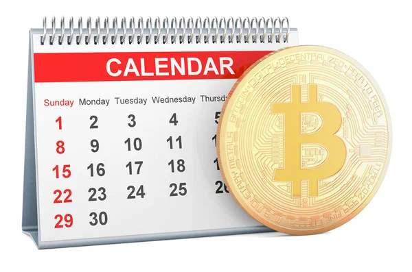 Bitcoin Met Bureau Kalender Rendering Geïsoleerd Witte Achtergrond — Stockfoto