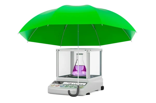 数字实验室尺度在伞下 3D渲染隔离在白色背景下 — 图库照片