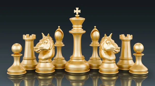 Golden Chess Figures Dark Background Rendering — Stock Photo, Image