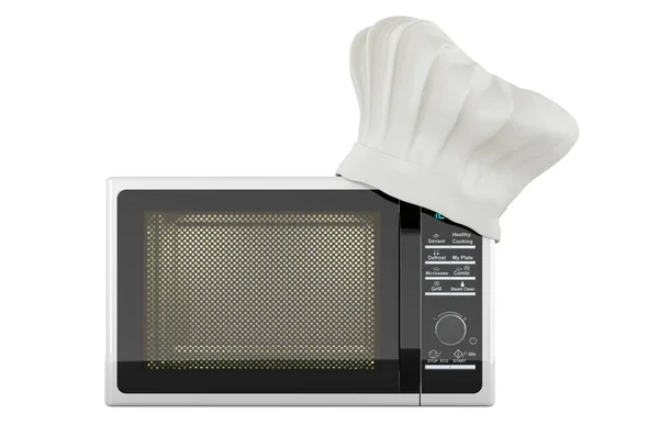 電子レンジ シェフの帽子 料理のコンセプト 白い背景に隔離された3Dレンダリング — ストック写真