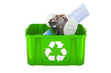 Çöp tenekesinin uydu ile geri dönüşümü, 3 boyutlu görüntüleme beyaz arkaplanda izole edildi