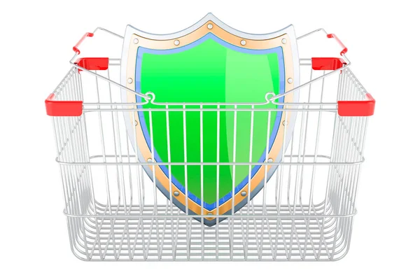 Concepto Protección Del Consumidor Cesta Compra Con Escudo Representación Aislada — Foto de Stock