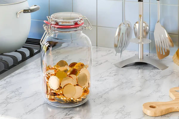 Glass Jar Golden Coins Kitchen Table Rendering — Stock Photo, Image