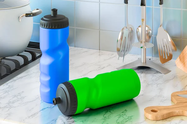 Plastic Sport Water Bottles Kitchen Table Rendering — Stock Photo, Image