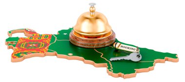 Türkmenistan rezervasyon kavramı. Otel anahtarı ve resepsiyon zili olan Türkmen bayrağı, beyaz arkaplanda 3 boyutlu görüntüleme