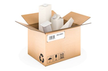 Paket ürünleri içeren paket, beyaz arkaplanda 3 boyutlu görüntüleme