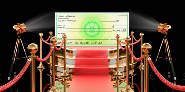 Podium with bank check, 3D rendering isolated on black background