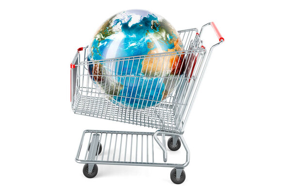Корзина с Земной шар, концепция онлайн-покупок, 3D рендеринг изолированы на белом фоне