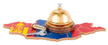 Moğolistan rezervasyon konsepti. Otel anahtarı ve resepsiyon zili olan Moğol bayrağı, beyaz arkaplanda 3 boyutlu görüntüleme