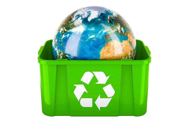 Papelera Reciclaje Con Earth Globe Representación Aislada Sobre Fondo Blanco —  Fotos de Stock