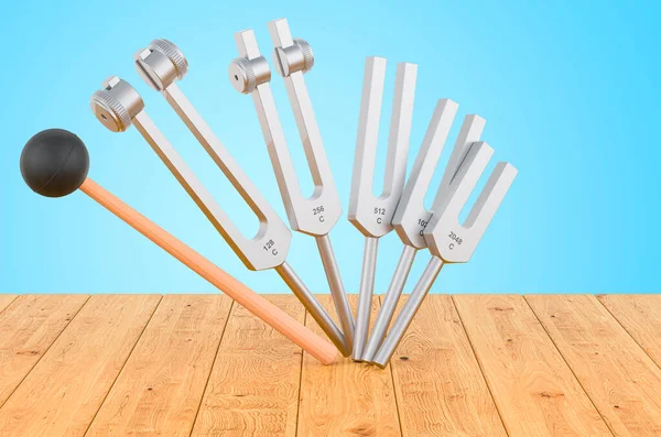 Set Tuning Forks Silicone Hammer Wooden Planks Rendering — Stock Photo, Image