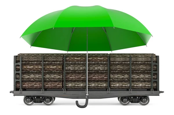 Wagon Towarowy Drewnianymi Kłodami Pod Parasolem Renderowanie Izolowane Białym Tle — Zdjęcie stockowe