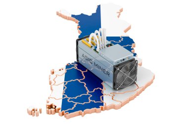 Finlandiya 'da madencilik, konsept. Fin bayrağı taşıyan ASIC madencisi. Beyaz arkaplanda 3B görüntüleme izole edildi 