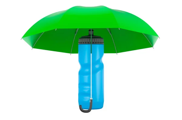 Kunststoff Sportwasserflasche Unter Regenschirm Rendering Isoliert Auf Weißem Hintergrund — Stockfoto