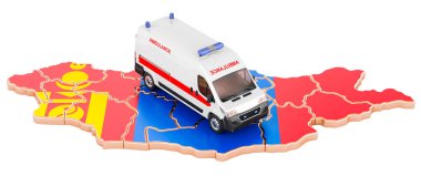 Moğolistan 'da acil tıbbi servis. Moğol haritasında ambulans minibüsü var. Beyaz arkaplanda 3B görüntüleme izole edildi