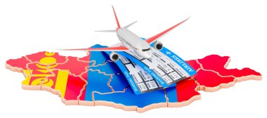 Moğolistan uçuşları konsepti. Beyaz arkaplanda 3B görüntüleme izole edildi