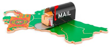 Türkmen haritasında posta kutusu. Türkmenistan 'da nakliye, konsept. Beyaz arkaplanda 3B görüntüleme izole edildi