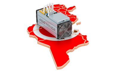 Tunus 'ta madencilik, kavram. Tunus bayrağı taşıyan ASIC madencisi. Beyaz arkaplanda 3B görüntüleme izole edildi 