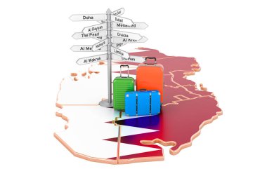Katar seyahat konsepti. Haritada bavulları ve tabelaları olan Katar bayrağı, beyaz arkaplanda 3 boyutlu görüntüleme