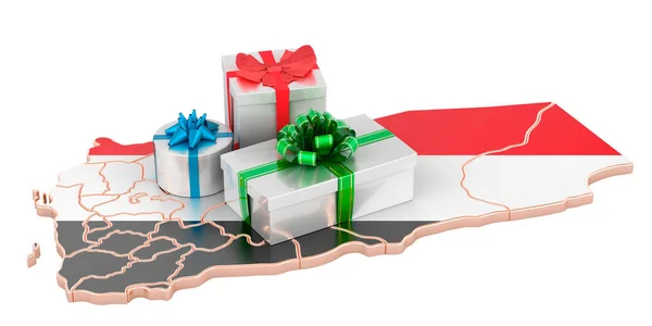 Gift Boxes Yemeni Map Christmas New Year Holidays Yemen Concept — Stock Photo, Image