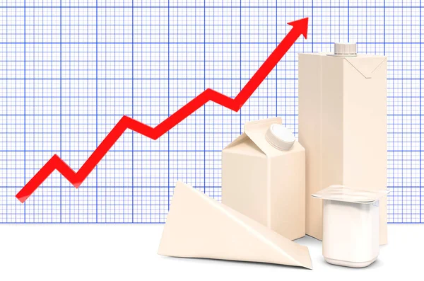 Csomagolás Tejtermékek Gyümölcslé Termékek Növekvő Diagram Renderelés Elszigetelt Fehér Háttér — Stock Fotó