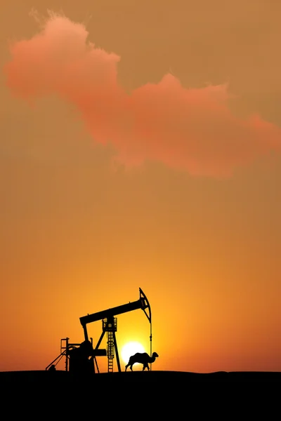 Coucher de soleil sur champs pétrolifères isolés avec silhouette — Photo