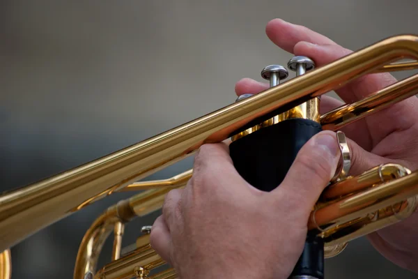 Hands holding golden trumpet — Stock Photo, Image