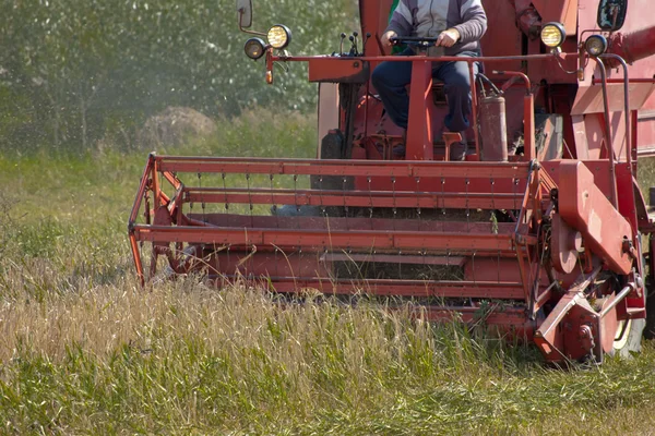 Man driving the harvesting combineon the field — Stock Photo, Image
