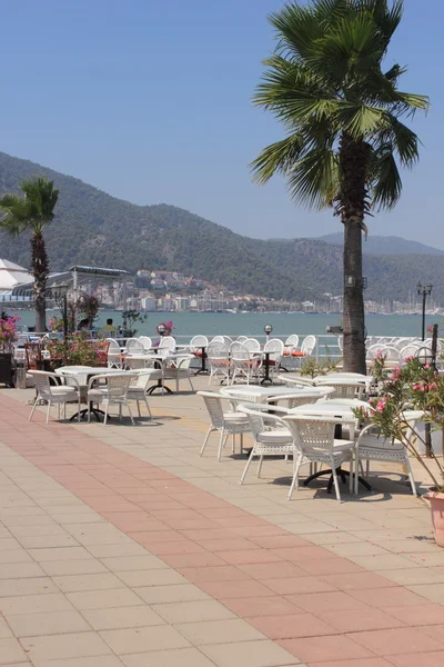 Seating at a restaurant with views of fethiye — Stock Photo, Image