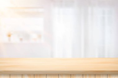 Çizim Vektörü Ahşap masa tabanı ve bulanık arka plan atmosfer ön oda ışığı evdeki perdeden yansıyor..