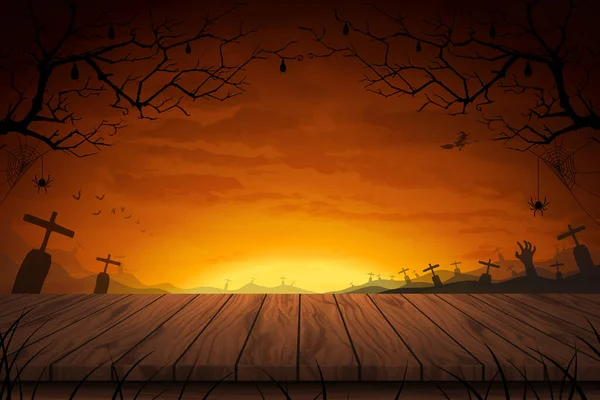 矢量图上的木桌地板 广阔的田野 满月的坟墓 万圣节的可怕的夜晚背景 — 图库矢量图片