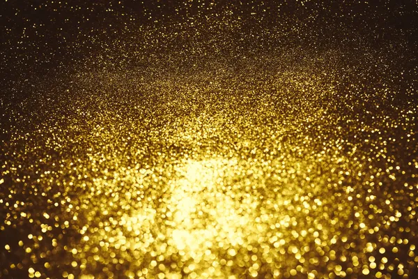 Golden Glitter Bokeh Lighting Texture Blurred Abstract Background Birthday Anniversary — Stock Photo, Image