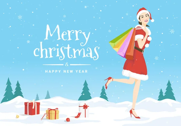 Ilustración Vectorial Con Una Hermosa Mujer Traje Santa Claus Sosteniendo — Vector de stock