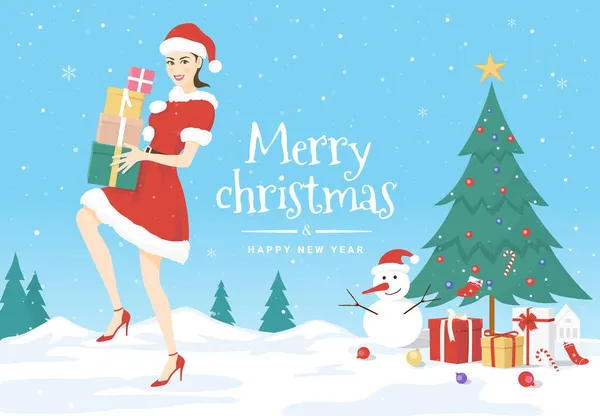 Ilustración Vectorial Con Una Hermosa Mujer Traje Papá Noel Nieve — Vector de stock