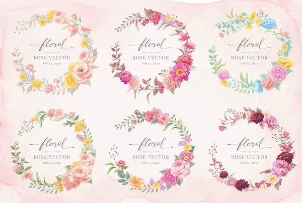 Collection Set Label Beautiful Rose Flower Botanical Leaf Digital Painted — Vettoriale Stock