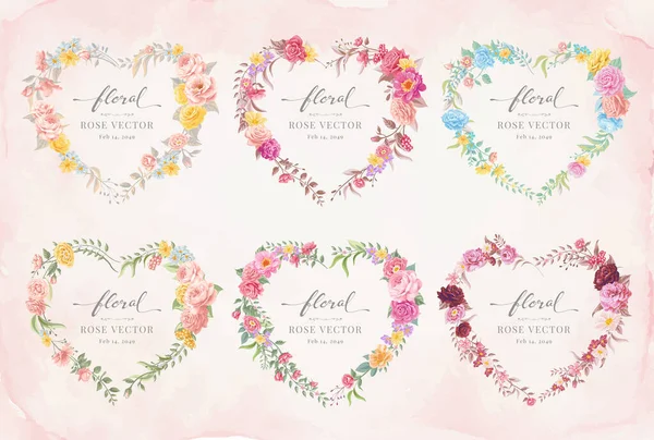 Collection Set Label Heart Shape Beautiful Rose Flower Botanical Leaf —  Vetores de Stock