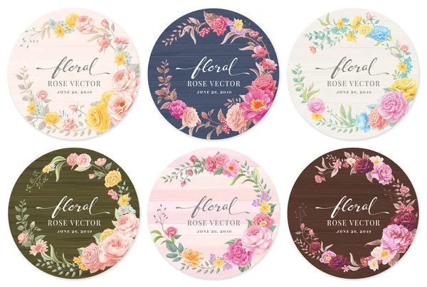 Collection Set Label Beautiful Rose Flower Botanical Leaf Digital Painted — Image vectorielle