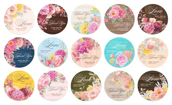 Collection Set Label Beautiful Rose Flower Botanical Leaf Digital Painted —  Vetores de Stock