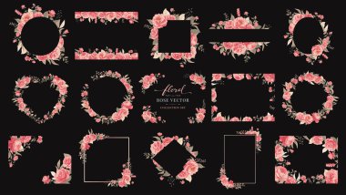 Koleksiyon seti Güzel Gül Çiçeği ve botanik yaprağı dijital resim çizimi aşk düğün günü veya düzenleme davetiye tasarımı tebrik kartı.