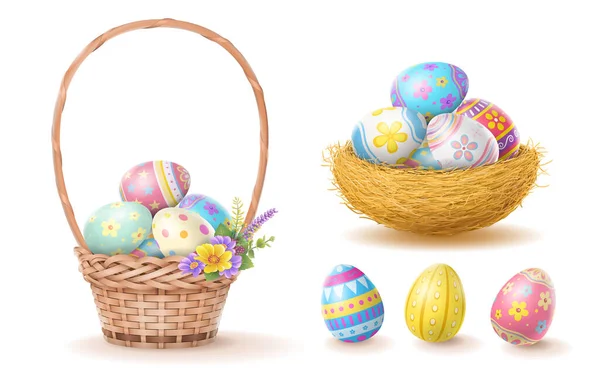Veselé Velikonoce Den Barevné Vejce Košíku Hnízdo Izolované Bílém Pozadí — Stockový vektor