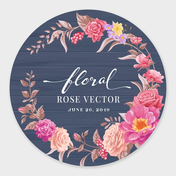 Belle Fleur Rose Feuille Botanique Sur Cercle Étiquette Bois Illustration — Image vectorielle