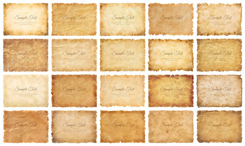 Vector collection set old parchment paper sheet vintage aged or texture isolated on white background.