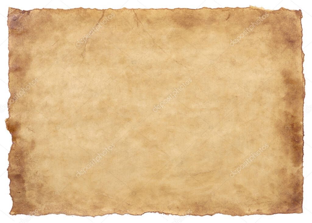 old parchment paper sheet vintage aged or texture isolated on white background.