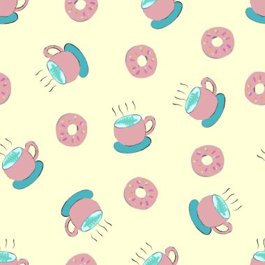 Resim boyası Güzel kahve fincanı ve çörekler Sevimli, dikişsiz çizgi film deseni.