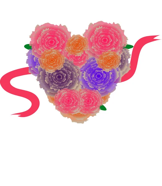 Corazón de hermosas flores con una cinta roja — Vector de stock