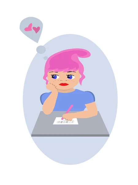 La muchacha sueña con el amor y escribe la carta — Vector de stock